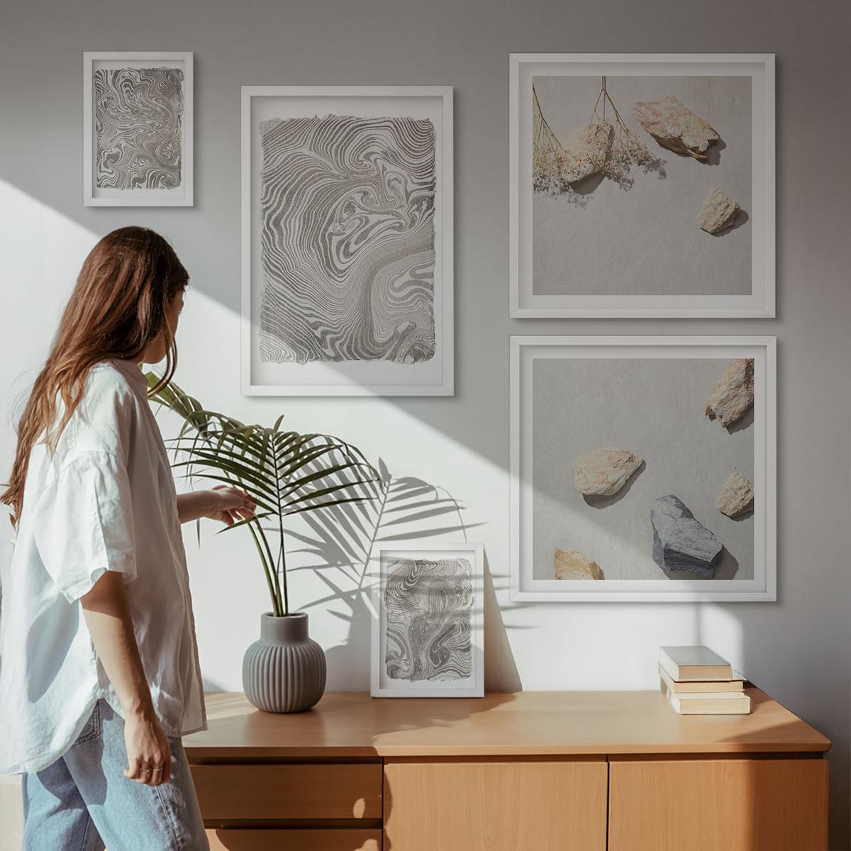 BILDER SET 5er Set - 50x50 cm & 20x30 cm & 40x60 cm Weißer Rahmen - Moderne abstrakte Formen - Weiß, Kunststoff (40/60cm) - TULUP