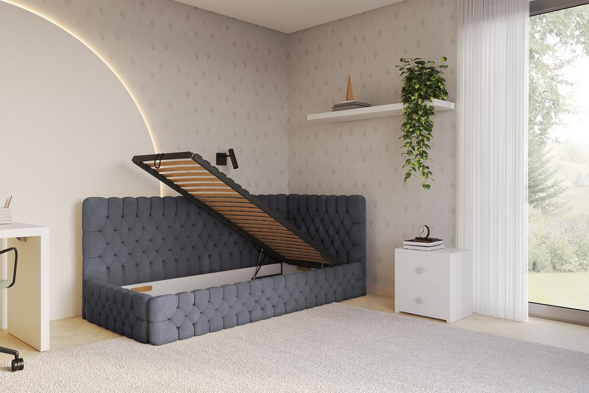 EINZELLBETT Jugendbett mit Bettkasten und Matratze H3/H4, Links - MULY 100x200 Dunkelgrau - Dunkelgrau, Holzwerkstoff/Textil (100/200cm) - ALTDECOR