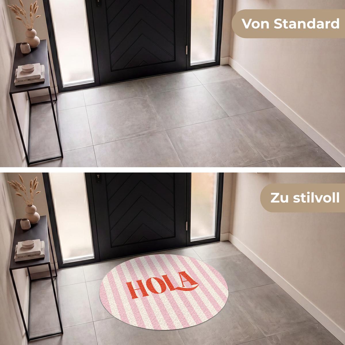FUSSMATTE Hola - Zitat - Streifen - Pastell - Rosa - Rot - Weiß Schmutzfangmatte 120x120 cm - Rosa, Kunststoff (120/0.4cm) - MuchoWow