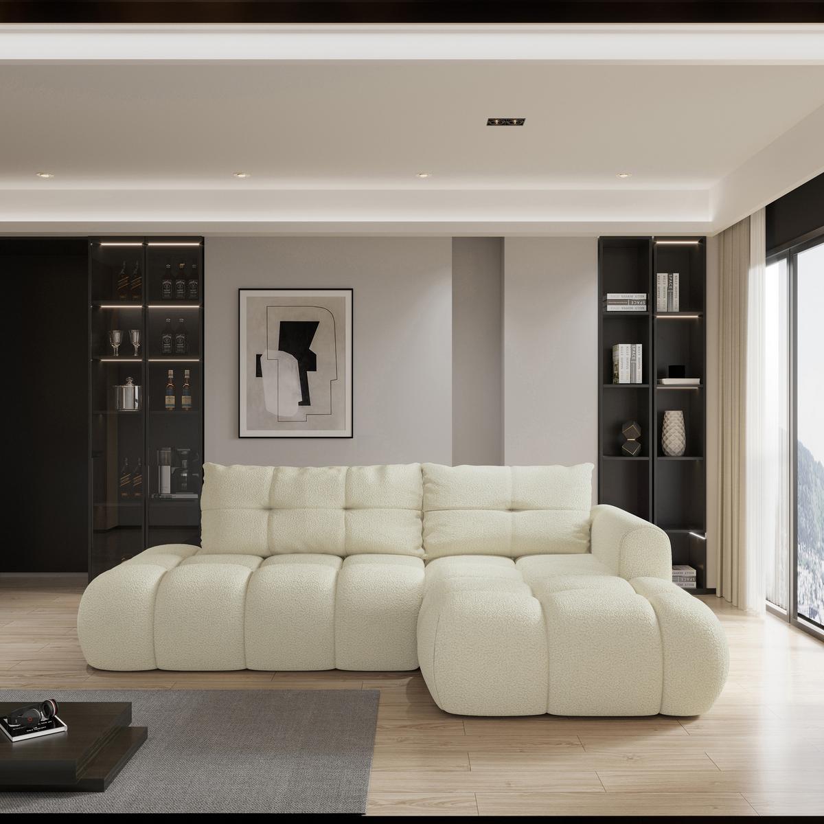ECKSOFA FLUMA R-S Creme Boucle-Stoff mit Schlaffunktion - Creme, Holz (279/158cm) - MASSENO