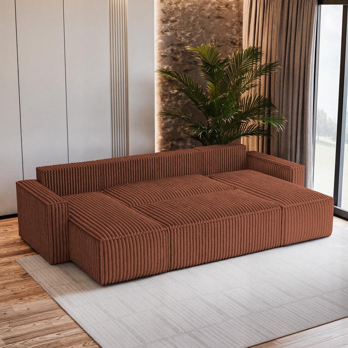 WOHNLANDSCHAFT PESANO T Braun Kordstoff mit Schlaffunktion - Braun/Grau, Holz/Kunststoff (306/85/140cm) - MASSENO