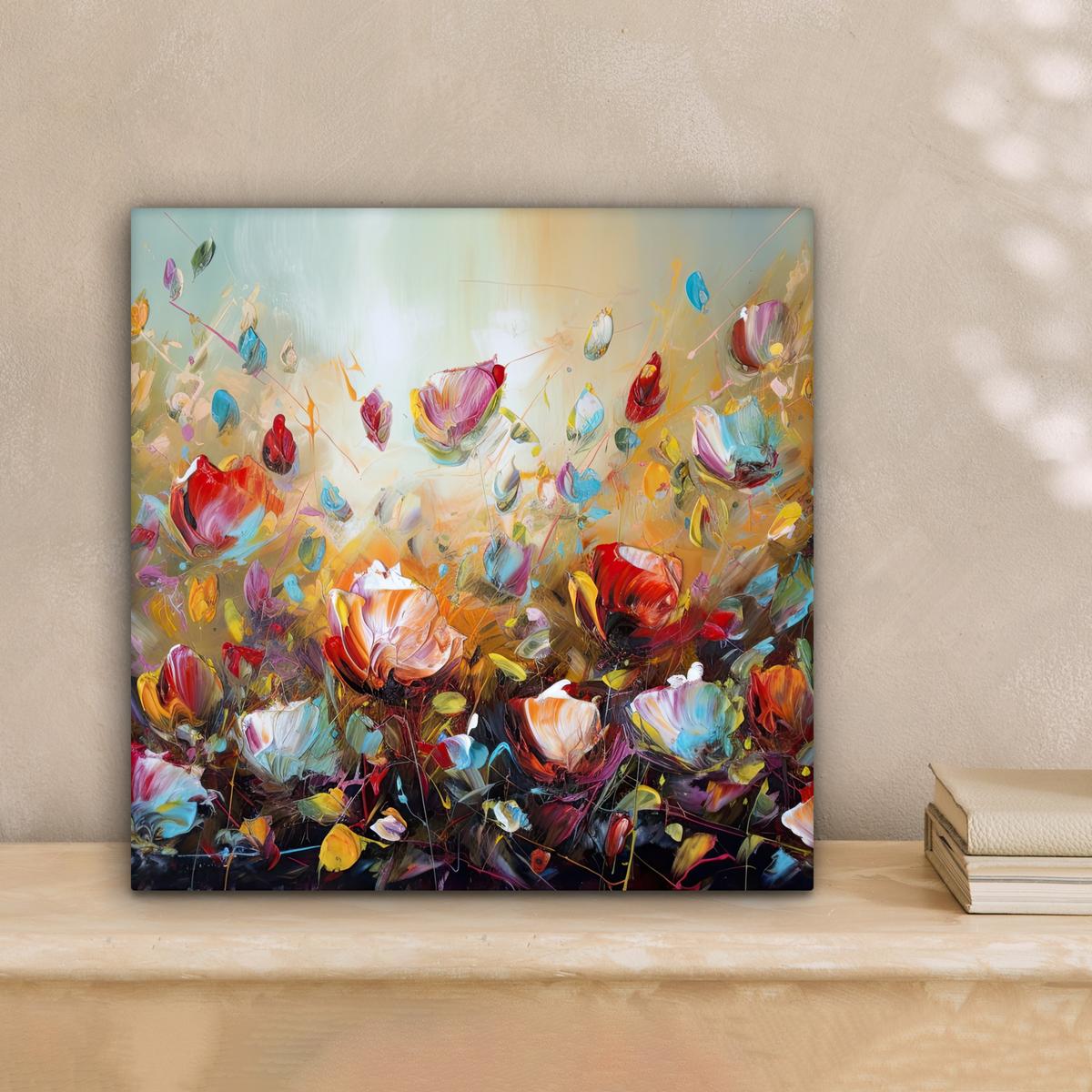 LEINWANDBILD Blumen - Kunst - Natur - Ölgemälde Deko Wohnzimmer 20x20 cm - Multicolor, Textil (20/20cm) - MuchoWow