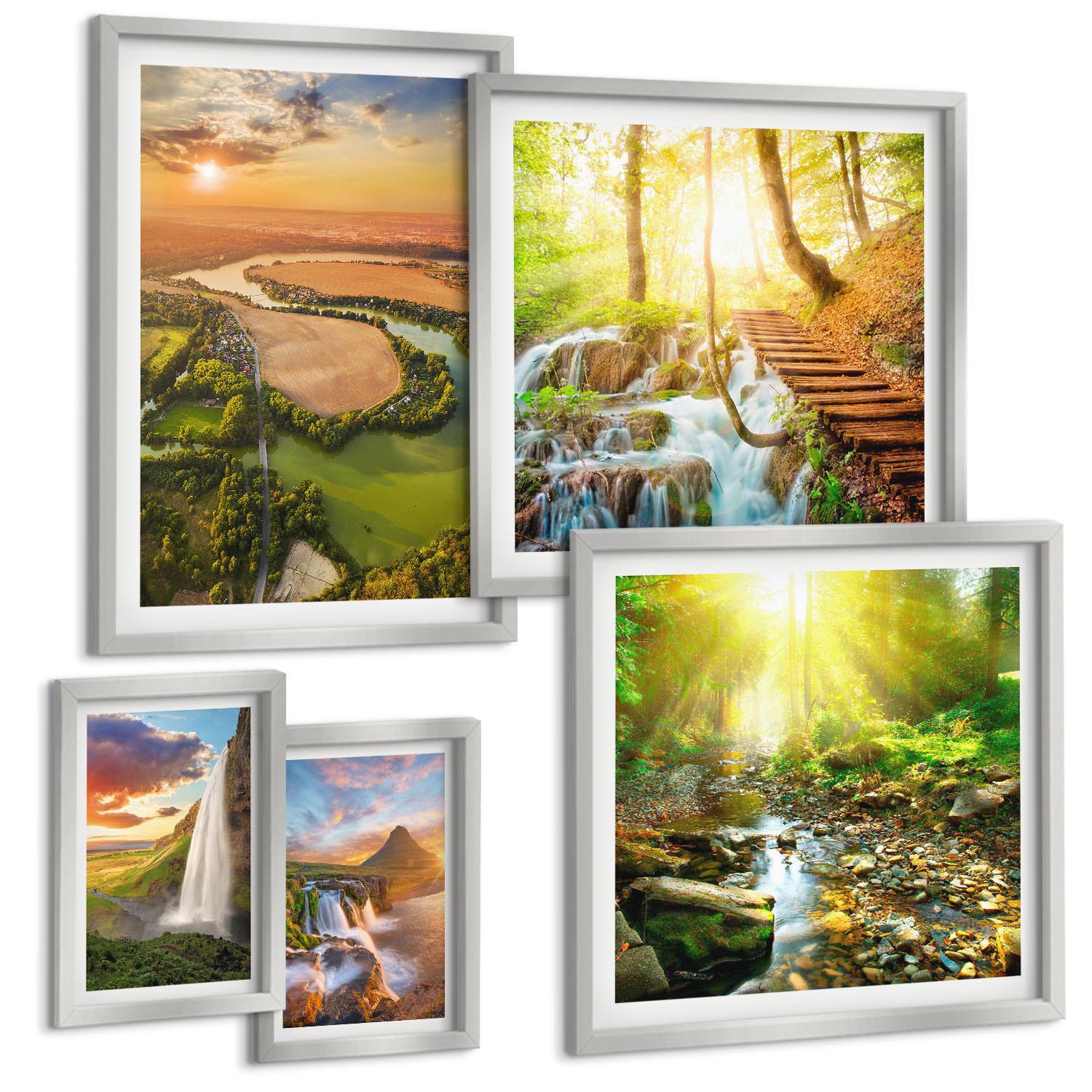 BILDER SET 5er Set - 50x50 cm & 20x30 cm & 40x60 cm Silberner Rahmen - Orange Mountain Wasserfall - Silberfarben, Kunststoff (40/60cm) - TULUP