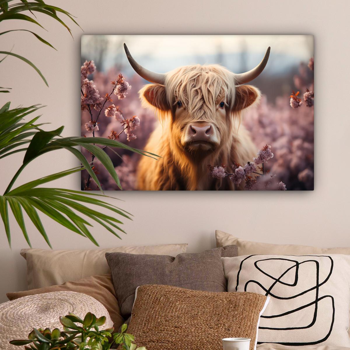 LEINWANDBILD Schottischer Hochländer - Frühling - Hochland Wanddeko 90x60 cm - Hellrosa, Textil (90/60cm) - MuchoWow