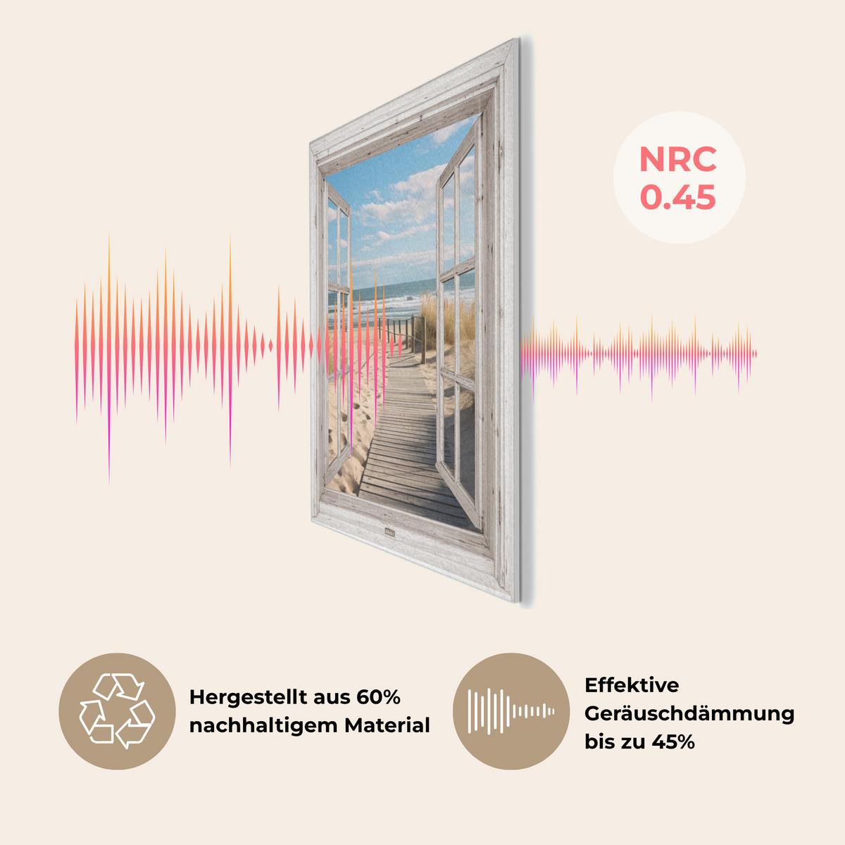AKUSTIKBILD Fenster - Meer - Küste - Natur - Ausblick - Strand - Wattenmeer Wanddeko 60x90 cm - Beige, Kunststoff (60/90/0.9cm) - MuchoWow
