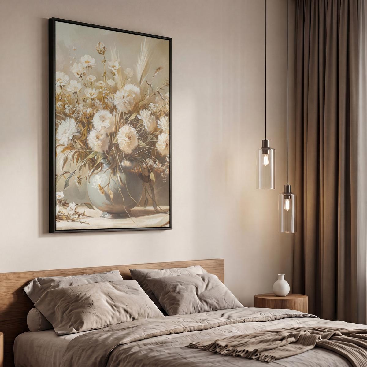 LEINWAND Bilder mit Rahmen - Blumen - Vase - Stilleben - Beige - 60x90 - Creme, Textil (60/90cm) - MuchoWow