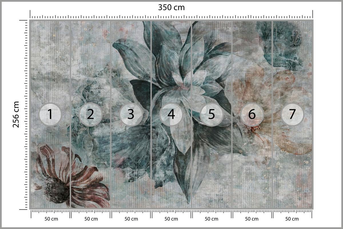FOTOTAPETE für Schlafzimmer Aquarellblumen Beton Natur Pflanzen 350x256 - Grau, Papier (350/256cm) - Muralo
