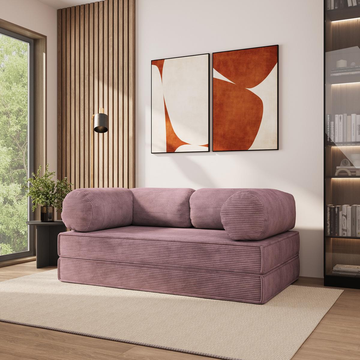 BETTSOFA ALVIO aus Schaumstoff Kordstoff Lila Schlaffunktion - Lila, Textil (170/68/80cm) - MASSENO