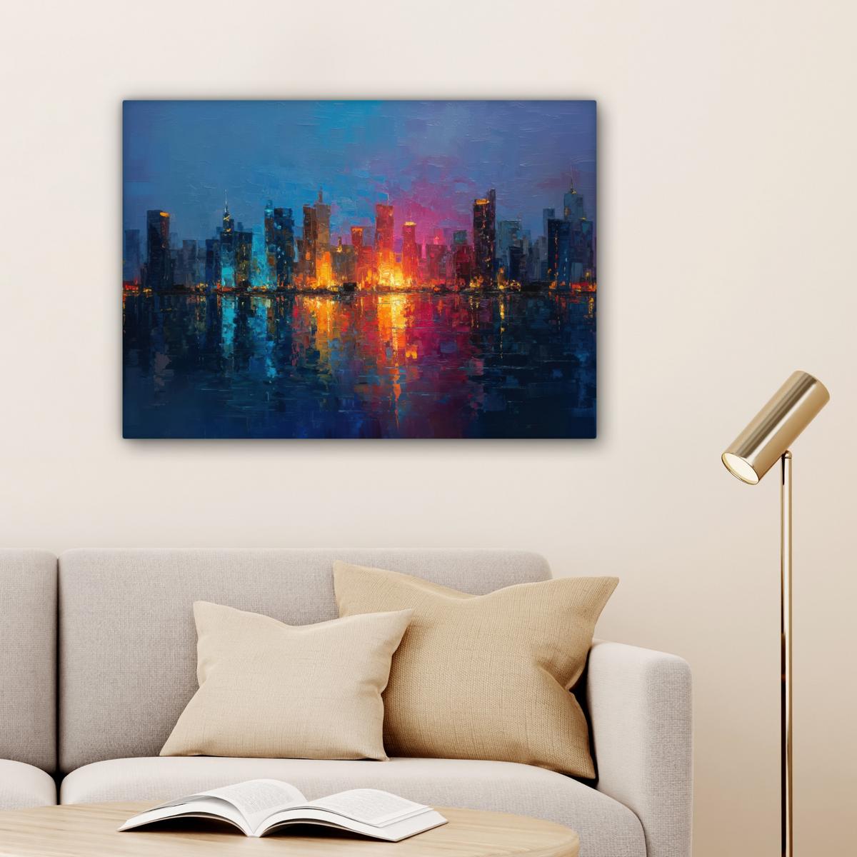 LEINWANDBILD Skyline - Pinselstriche - Dunkelblau - Leuchtend Wandbilder 80x60 cm - Blau, Textil (80/60cm) - MuchoWow