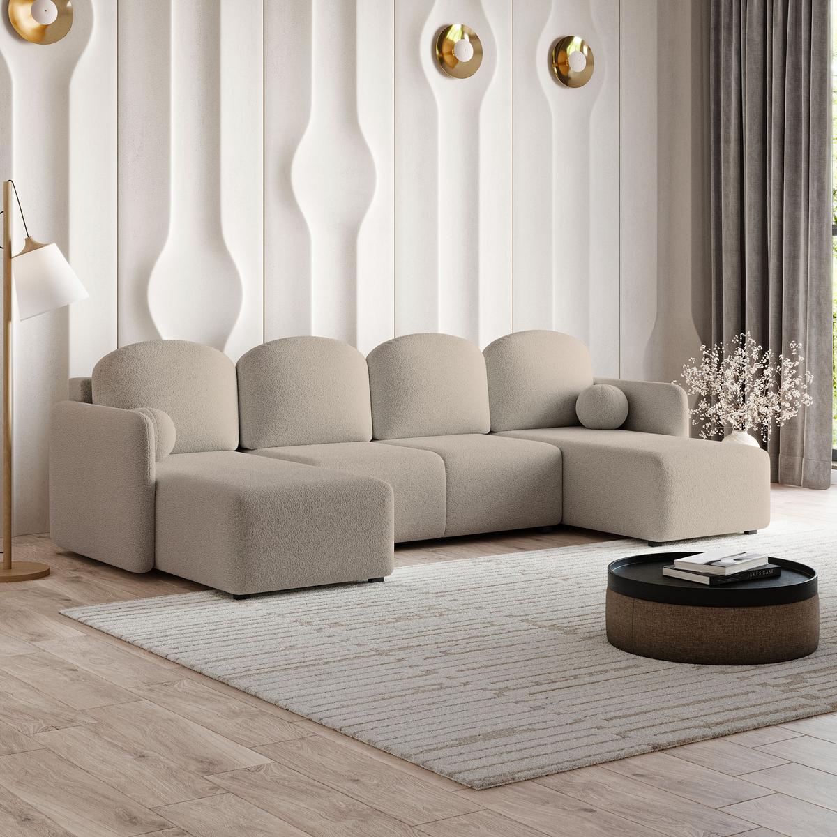 WOHNLANDSCHAFT NUBERO Beige Boucle-Stoff mit Schlaffunktion - Beige, Holz (285/85/143cm) - MASSENO