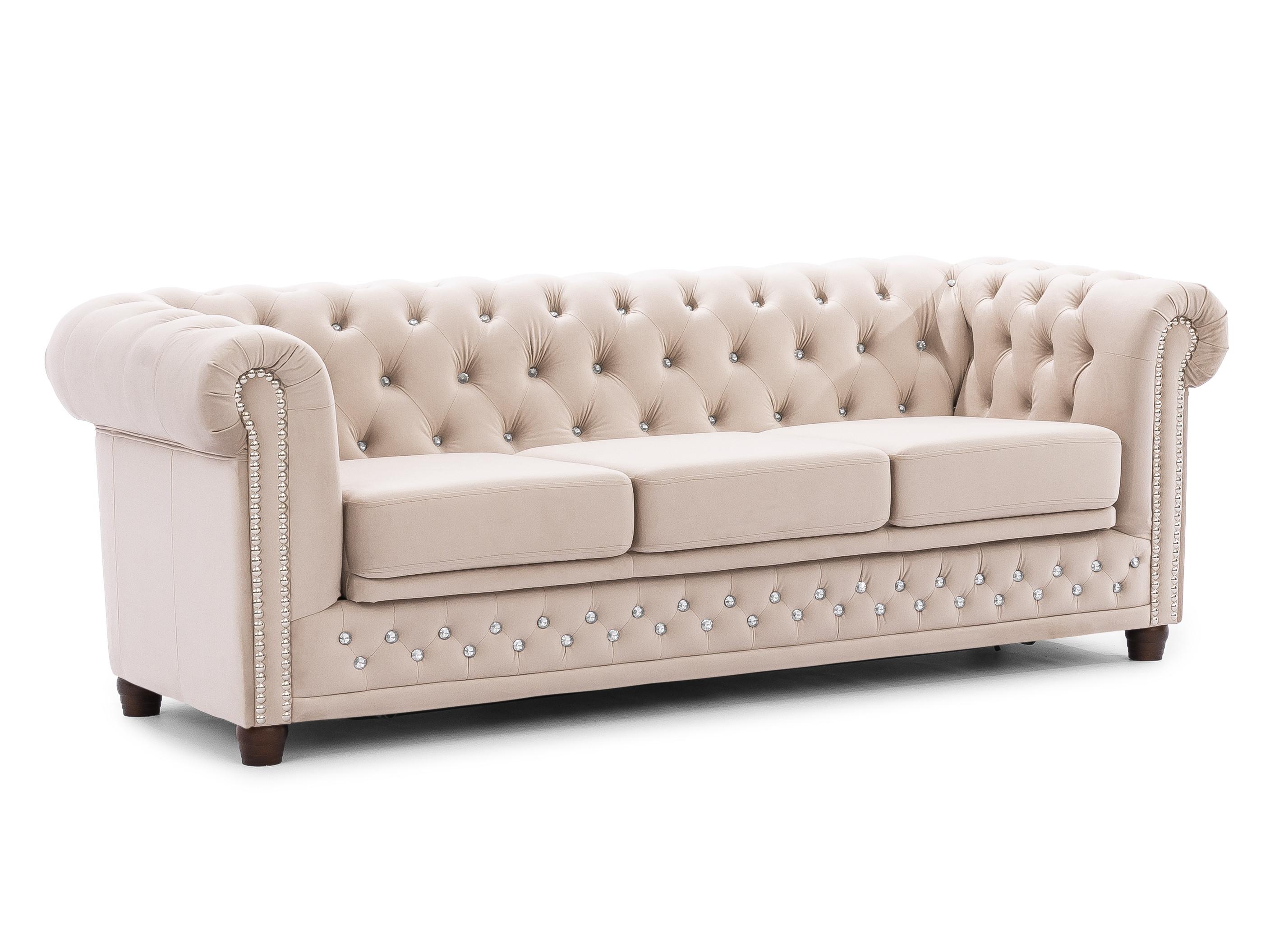 CHESTERFIELD-SOFA 3-Sitzer mit Schlaffunktion Cleo Blink Beige Samt mit Kristallsteppung und braunen Massivholzfüßen - Beige/Braun, Holz/Textil (203/72/86cm) - S-Style