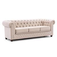 CHESTERFIELD-SOFA 3-Sitzer mit Schlaffunktion Cleo Blink Beige Samt mit Kristallsteppung und braunen Massivholzfüßen - Beige/Braun, Holz/Textil (203/72/86cm) - S-Style