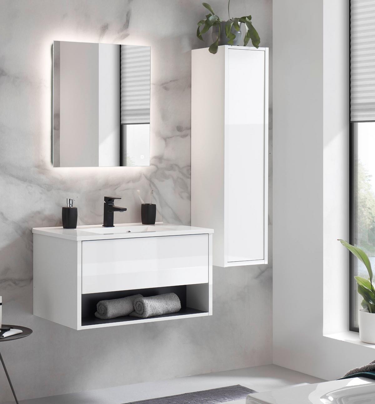 BADMÖBEL-SET weiß Hochglanz, grau, Badezimmer Schränke mit Waschbecken, LED Beleuchtung 120 cm - Weiß Hochglanz/Grau, Glas/Holzwerkstoff (120/190/47cm) - Furn.Design