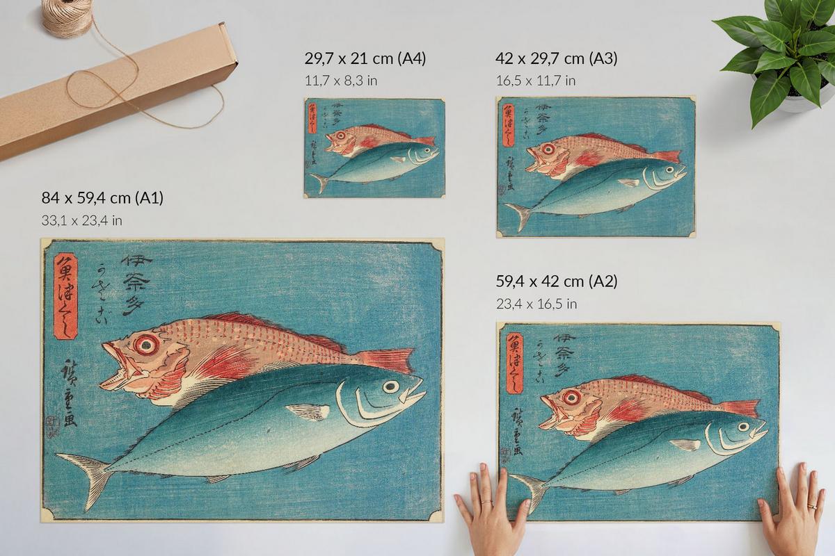 POSTER - 84x59 cm (A1) - Utagawa Hiroshige - Gelbschwanzmakrele und Barsch - Blau, Textil (84/59.4/0.1cm) - TULUP