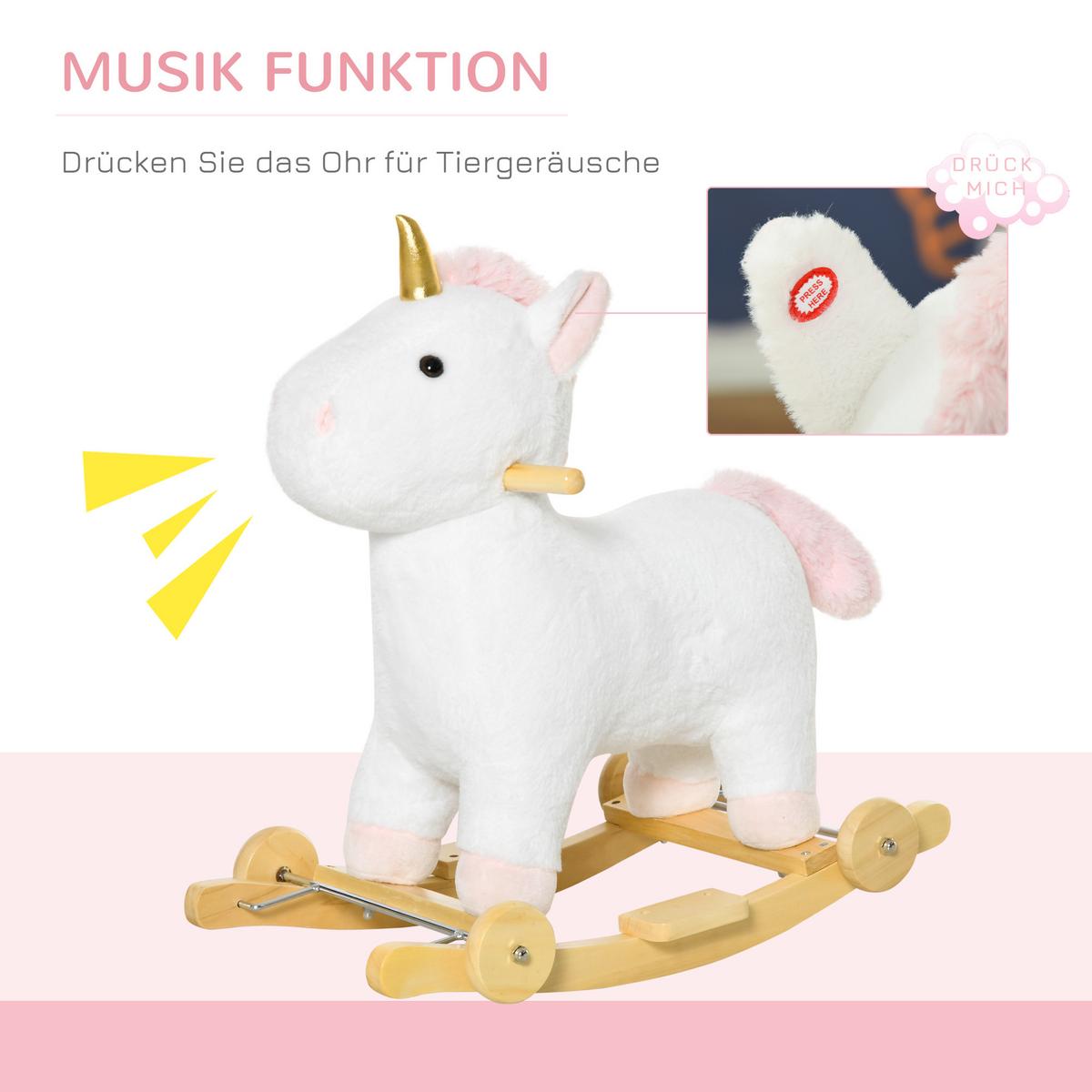 SCHAUKELPFERD 2-IN-1 Schaukeltier Babyschaukel Spielzeug Kinder Einhorn-Design - Weiß, Holz (38/63/63cm) - HOMCOM