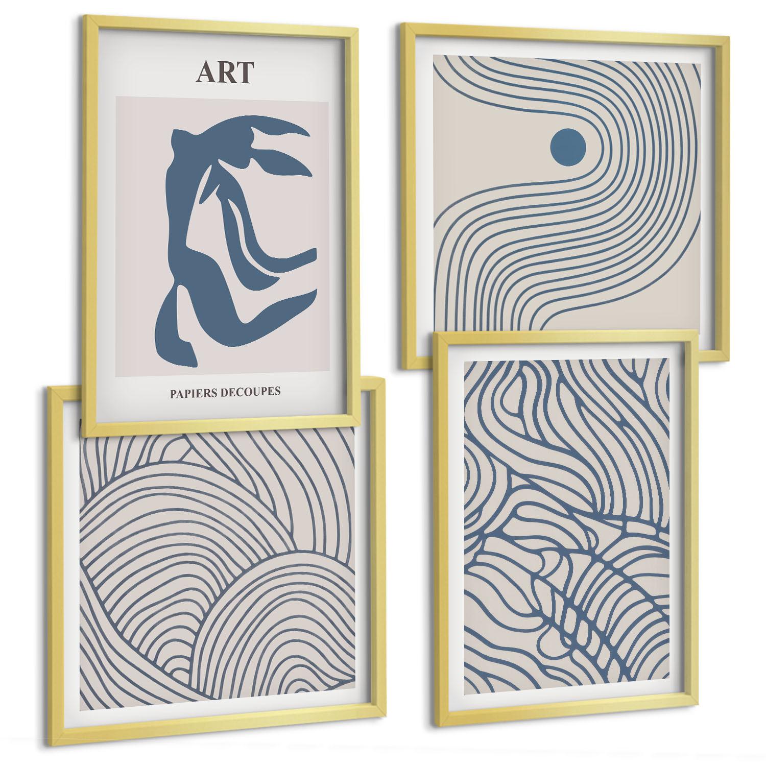 BILDER SET 4er Set - 50x50 cm & 40x60 cm Goldrahmen - Abstrakte blaue Linien - Goldfarben, Kunststoff (50/50cm) - TULUP