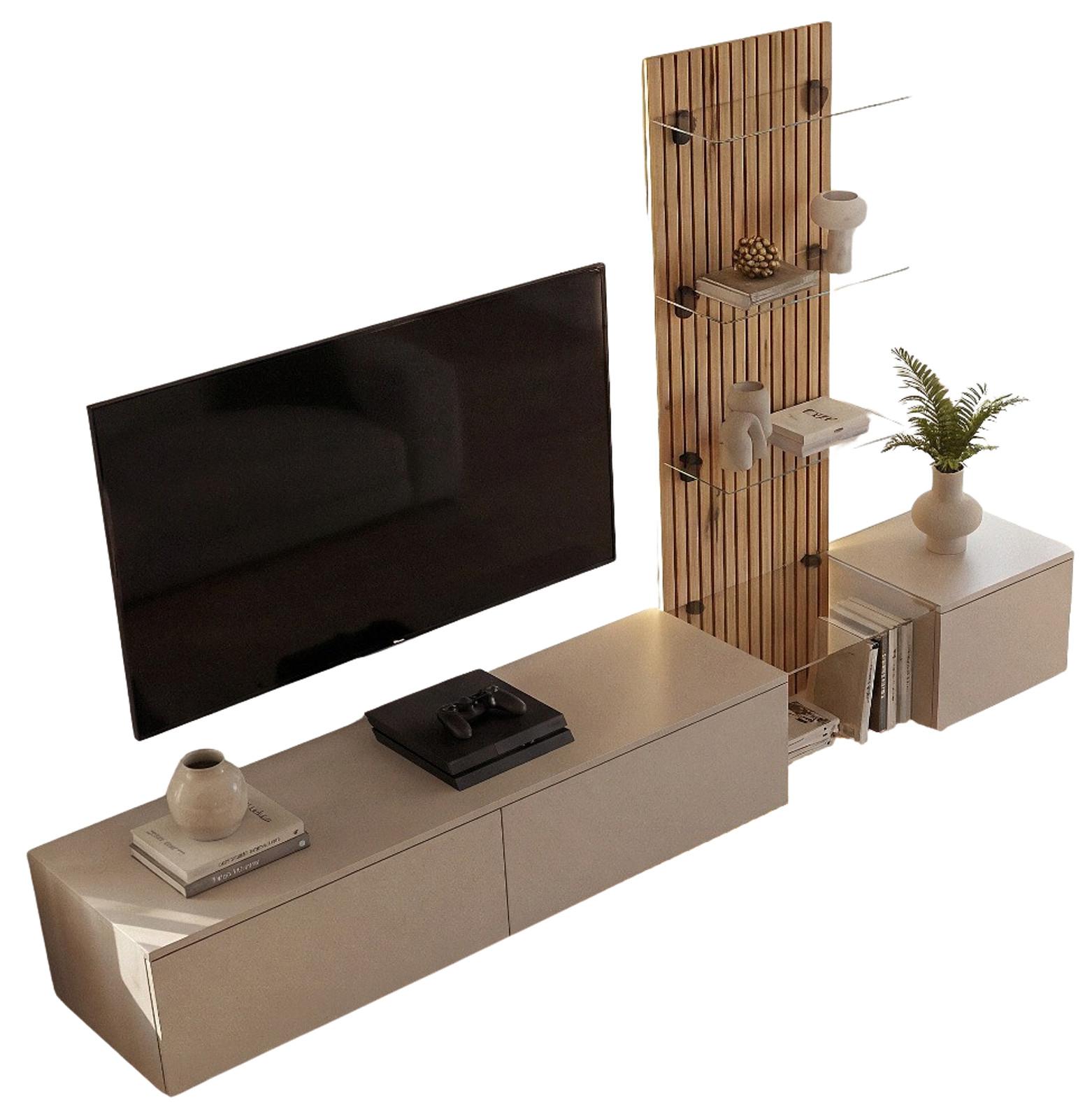 WOHNWAND Grau Lehm, Evoke Eiche 220 cm hängend, Schrankwand mit LED und Push-to-Open - Eichefarben/Hellgrau, Glas/Holzwerkstoff (220/150/40cm) - Inn.Furn
