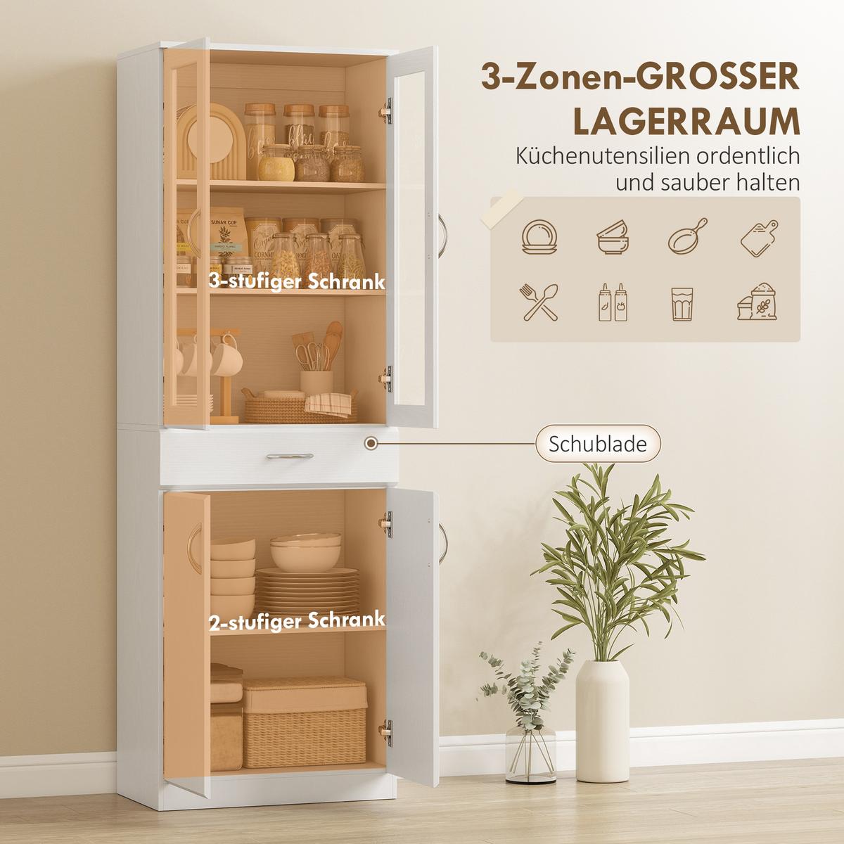KÜCHENSCHRANK Spanplatte Hartglas Weiß - Silberfarben/Weiß, Holzwerkstoff/Metall (35/180/60cm) - HOMCOM