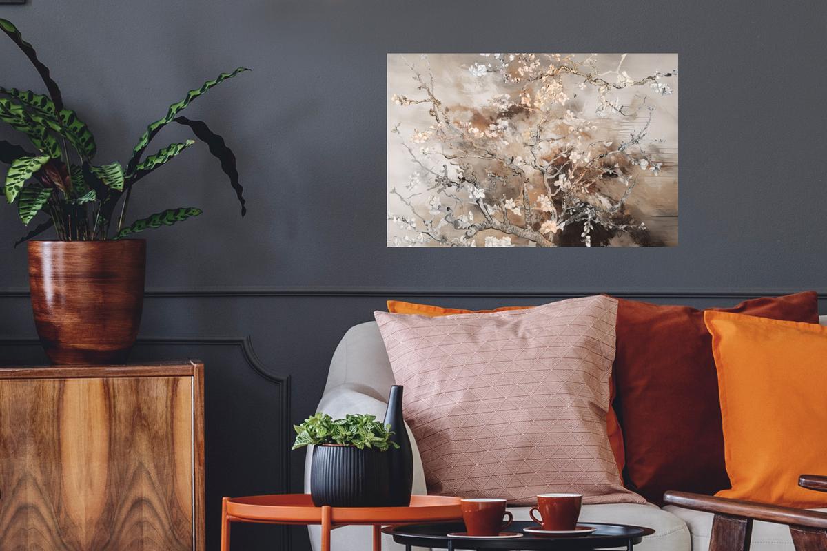 WANDTATTOO Mandelblüte - Kunst - Van Gogh - Beige - Abstrakt Deko Wohnzimmer 60x40 cm - Braun, Kunststoff (60/40cm) - MuchoWow