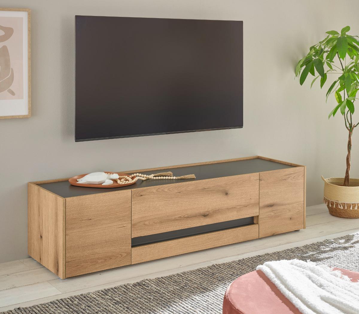 TV-LOWBOARD Eiche Evoke, grau 170 cm, TV-Unterteil mit Doppelschubkasten - Eichefarben/Schwarz, Holzwerkstoff/Kunststoff (170/40/45cm) - Furn.Design