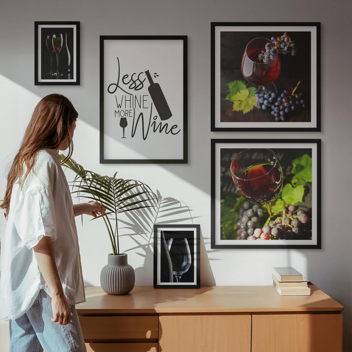 BILDER SET 5er Set - 50x50 cm & 20x30 cm & 40x60 cm Schwarzer Rahmen - Weingläser mit Trauben und Inschrift - Schwarz, Kunststoff (40/60cm) - TULUP