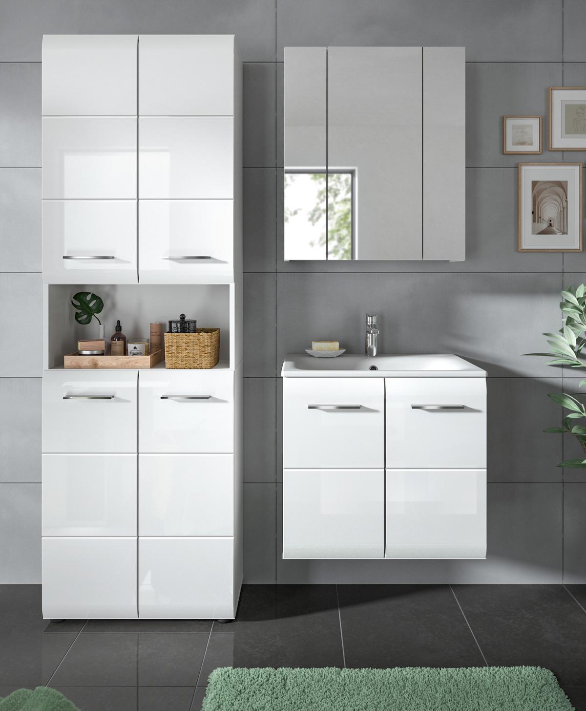 HOCHSCHRANK weiß Hochglanz, 4-türiger Badschrank 60 x 185 cm mit viel Stauraum - Weiß Hochglanz/Silberfarben, Holzwerkstoff/Kunststoff (60/185/30cm) - Inn.Furn