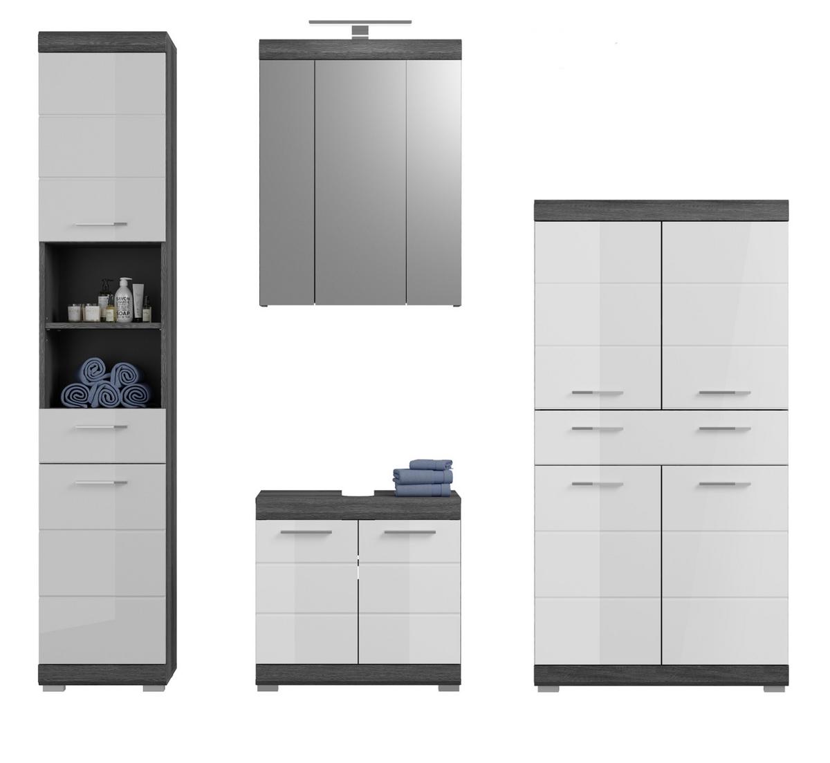 BADMÖBEL-SET weiß Hochglanz, grau 4-teilig 186 cm, Komplettset mit 31 Fächern - Weiß Hochglanz/Grau, Holzwerkstoff (186/191/34cm) - Inn.Furn