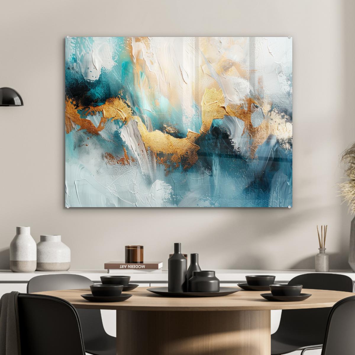 ACRYLGLASBILD Abstrakt - Kunst - Gold - Blau 80x60 cm - Petrol, Glas (80/60cm) - MuchoWow