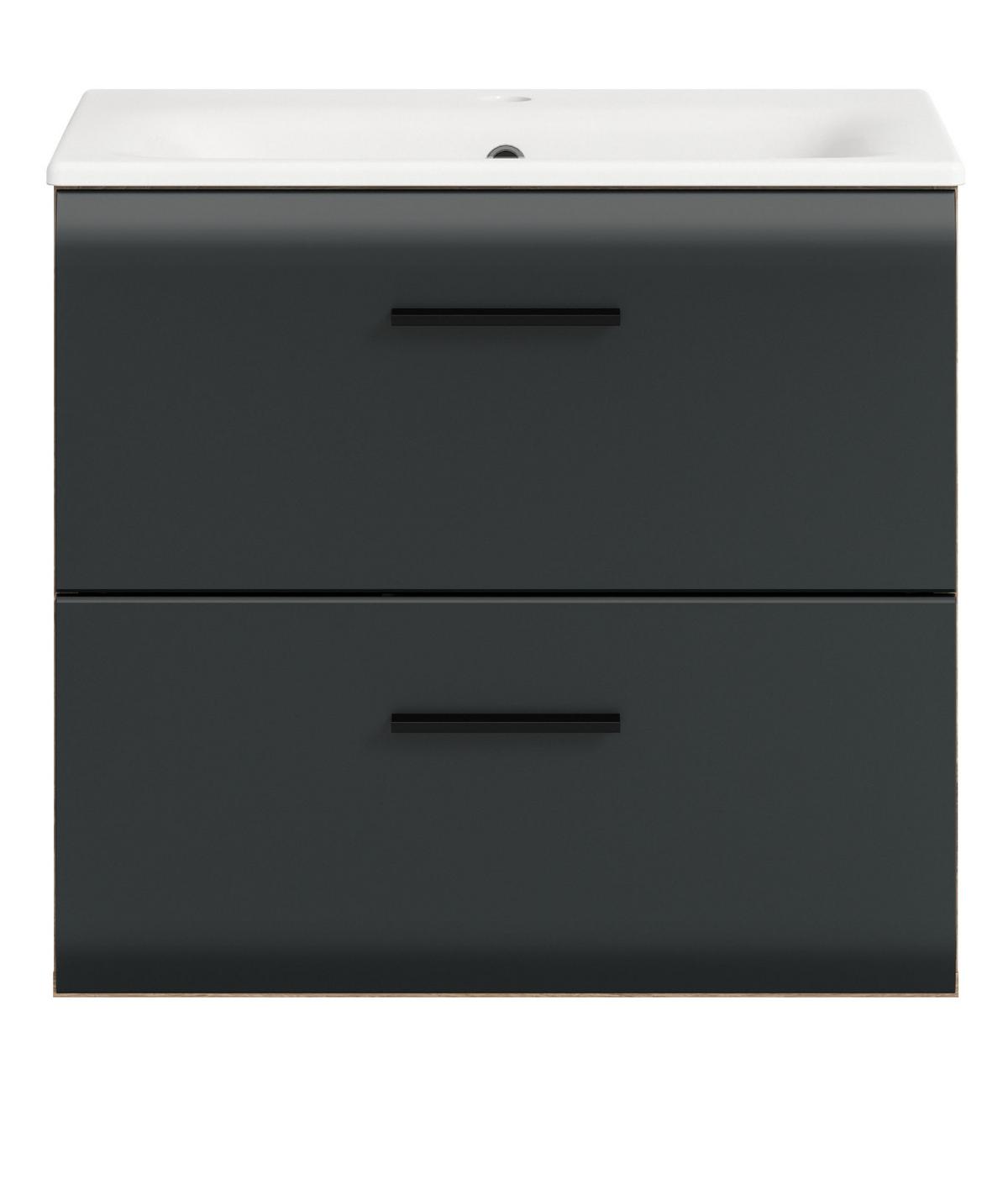 WASCHTISCH mit Waschbecken, schwarz matt, Eiche Nox, Waschtischunterschrank 60 cm mit Schubkästen - Eichefarben/Schwarz, Keramik/Holzwerkstoff (60/55/46cm) - Inn.Furn