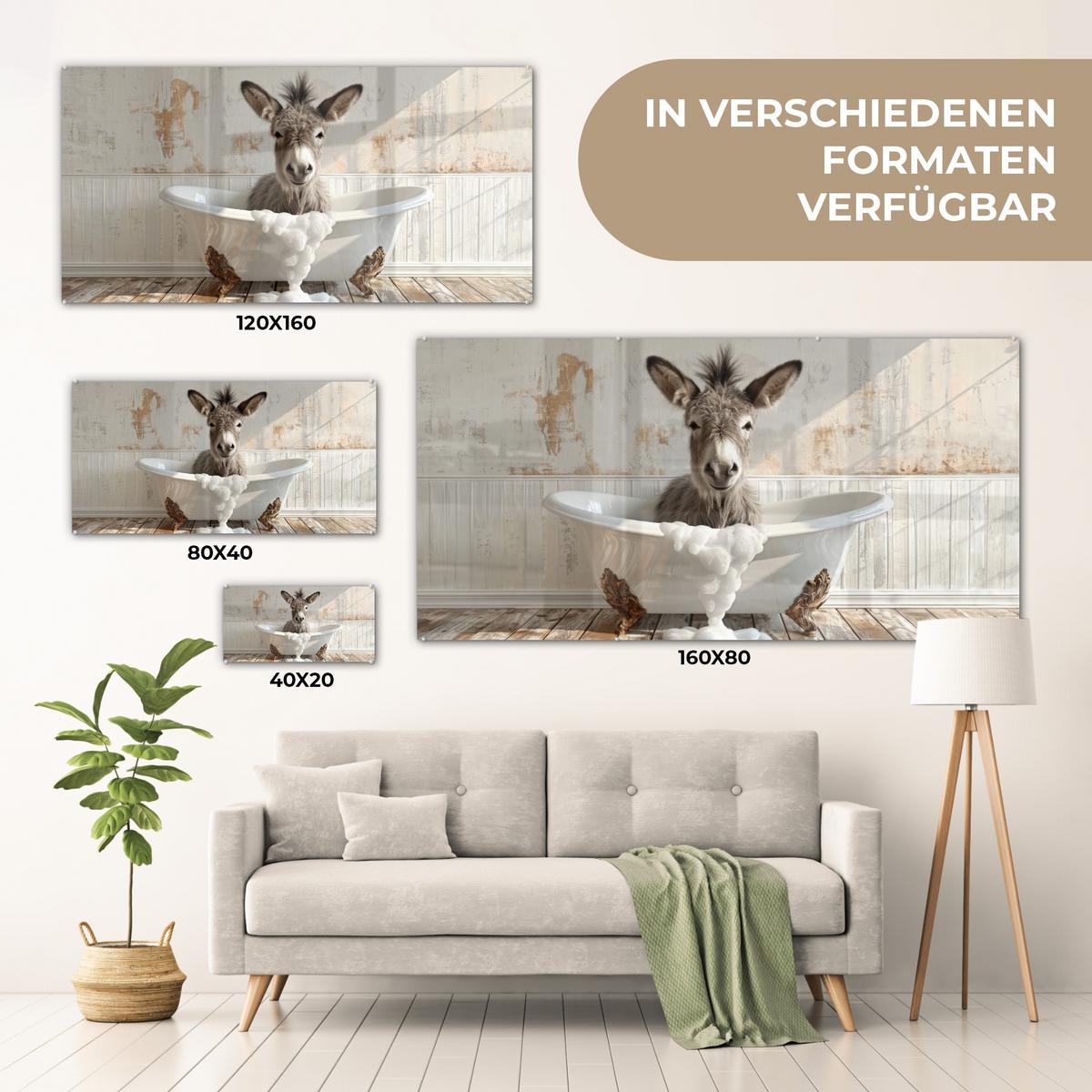 ACRYLGLASBILD Esel - Tiere - Badewanne - Schaumstoff 120x60 cm - Weiß, Glas (120/60cm) - MuchoWow