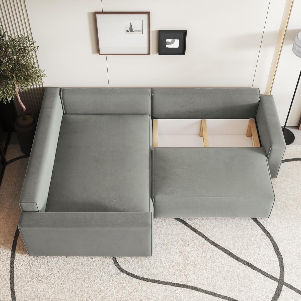 ECKSOFA ERONIS L-S Hellgrau Velours-Stoff mit Schlaffunktion - Hellgrau, Holz (265/194cm) - MASSENO