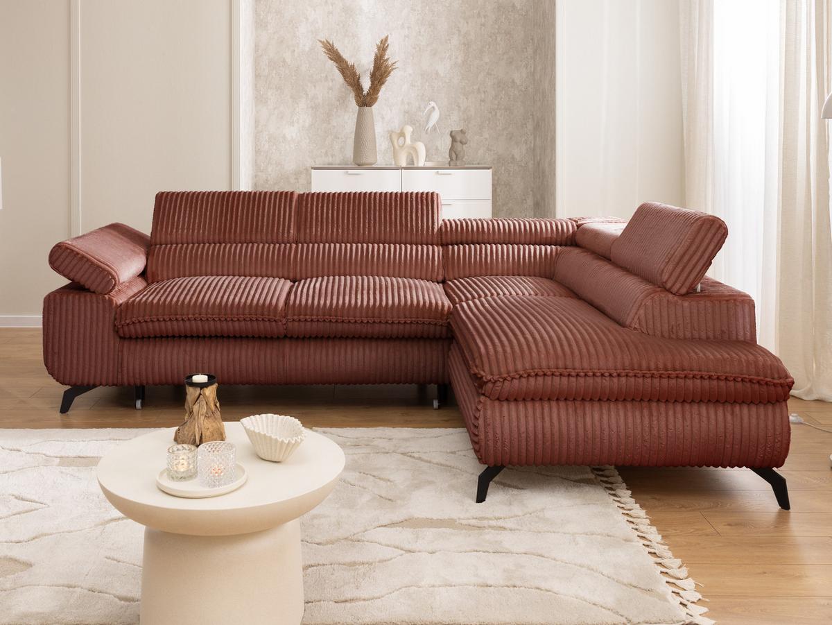 ECKSOFA mit Schlaffunktion und Bettkasten Bonnie aus Terrakotta Cord-Stoff mit verstellbaren Kopfstützen und Armlehne - Ottomane rechts - Terracotta/Schwarz, Holz/Textil (275/210cm) - S-Style Möbel