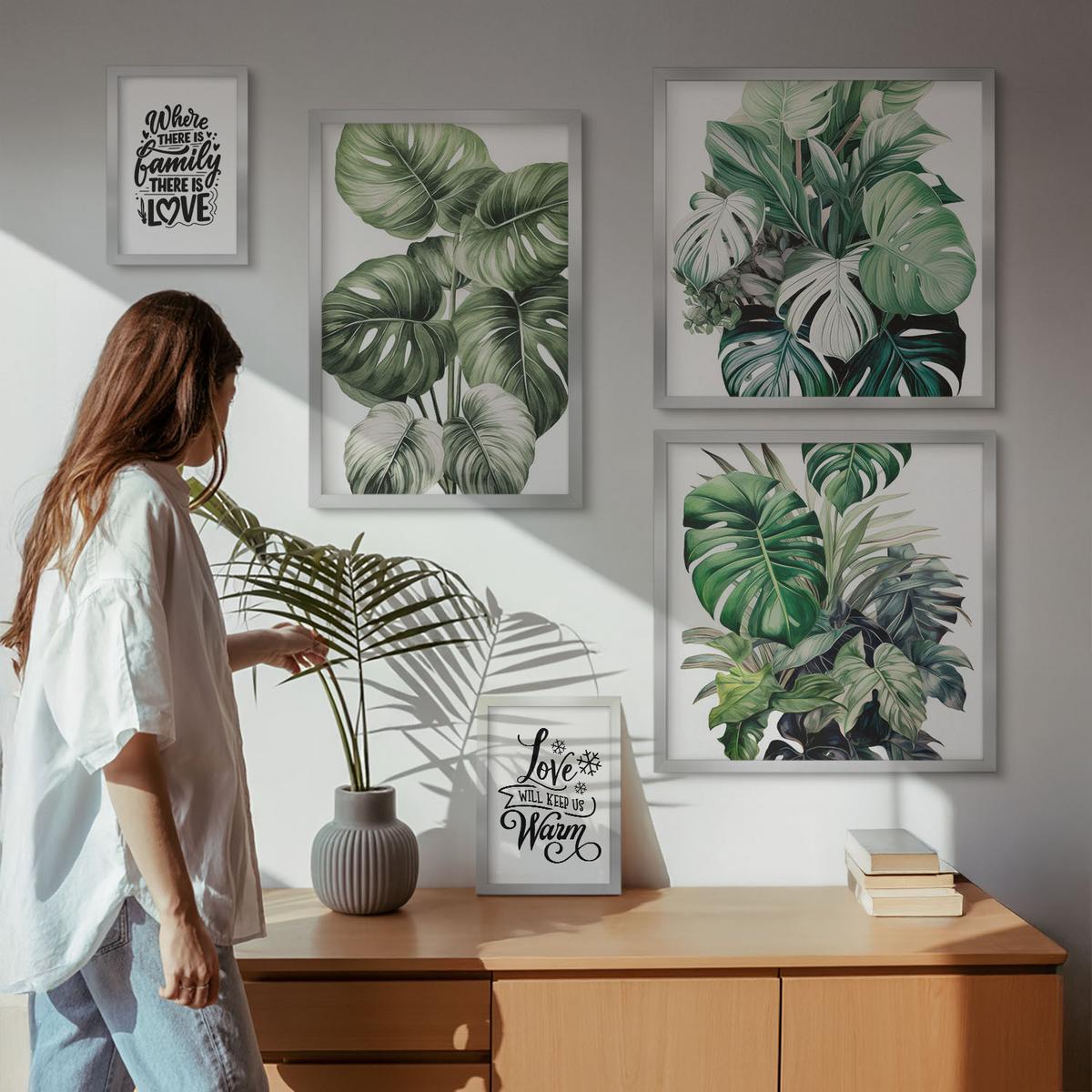 BILDER SET 5er Set - 50x50 cm & 20x30 cm & 40x60 cm Silberner Rahmen - Gemalte Abstraktionen der Natur - Silberfarben, Kunststoff (40/60cm) - TULUP