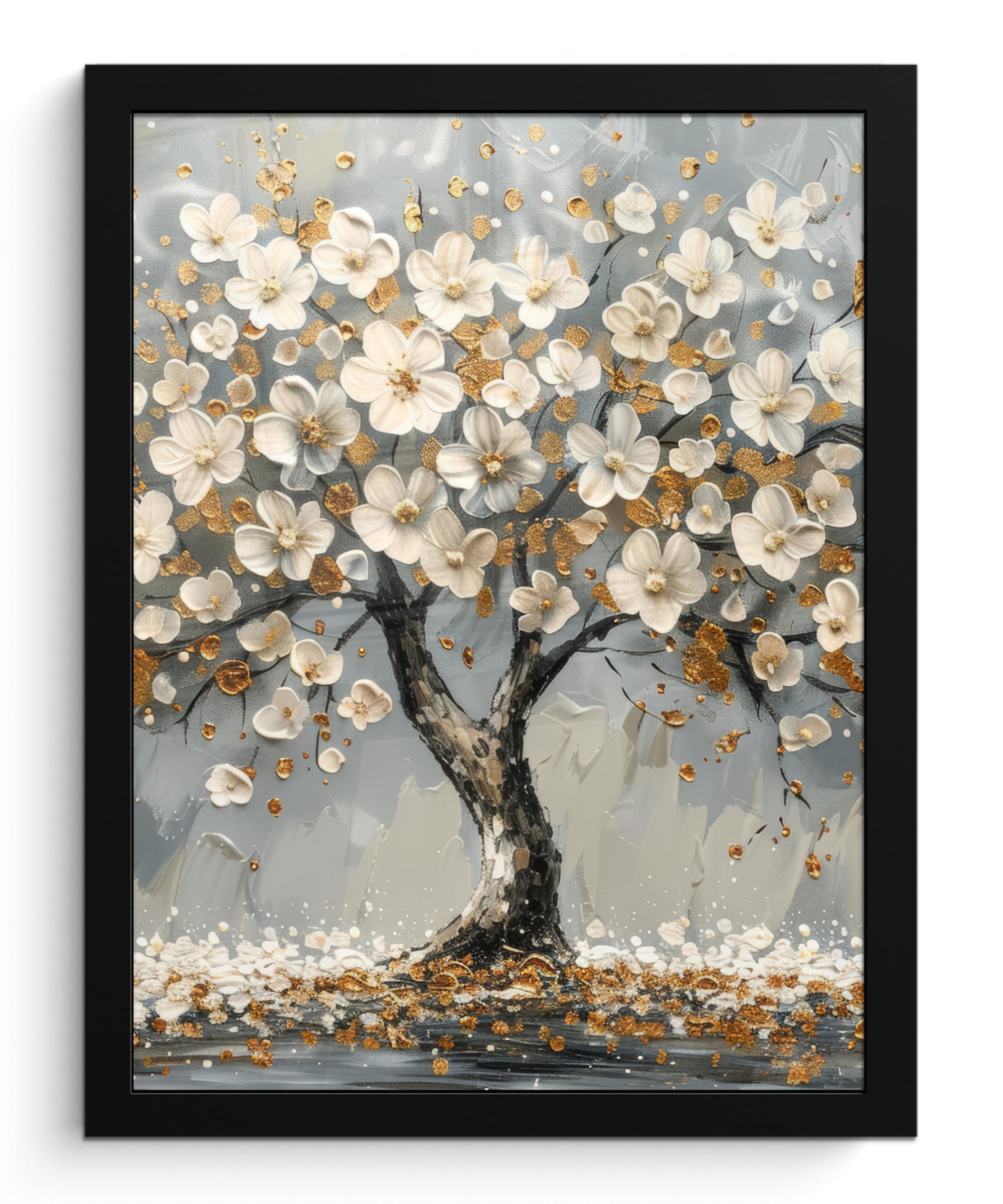 POSTER MIT RAHMEN Baum - Blumen - Weiß - Natur - Kunst Bilderrahmen 30x40 cm - Weiß, Papier (30/40cm) - MuchoWow