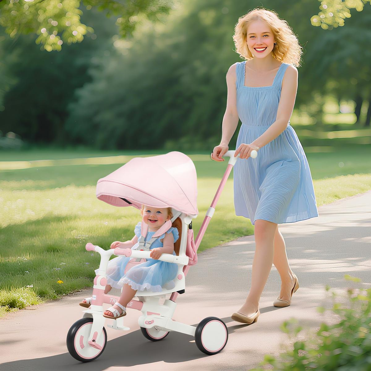 DREIRAD 5-in-1 mit Schubstange für 1-3 Jahre Faltbar mit reversiblem Sitz Rosa - Rosa, Metall (96.5/49/101cm) - AIYAPLAY