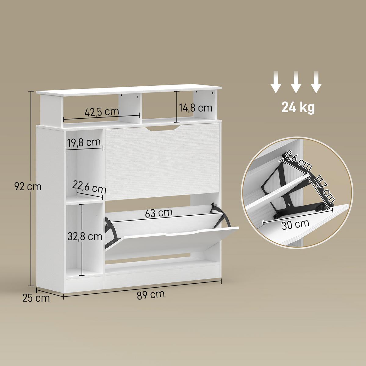 SCHUHSCHRANK aus MDF 89/25/92 cm Weiß - Weiß, Holzwerkstoff (25/92/89cm) - HOMCOM