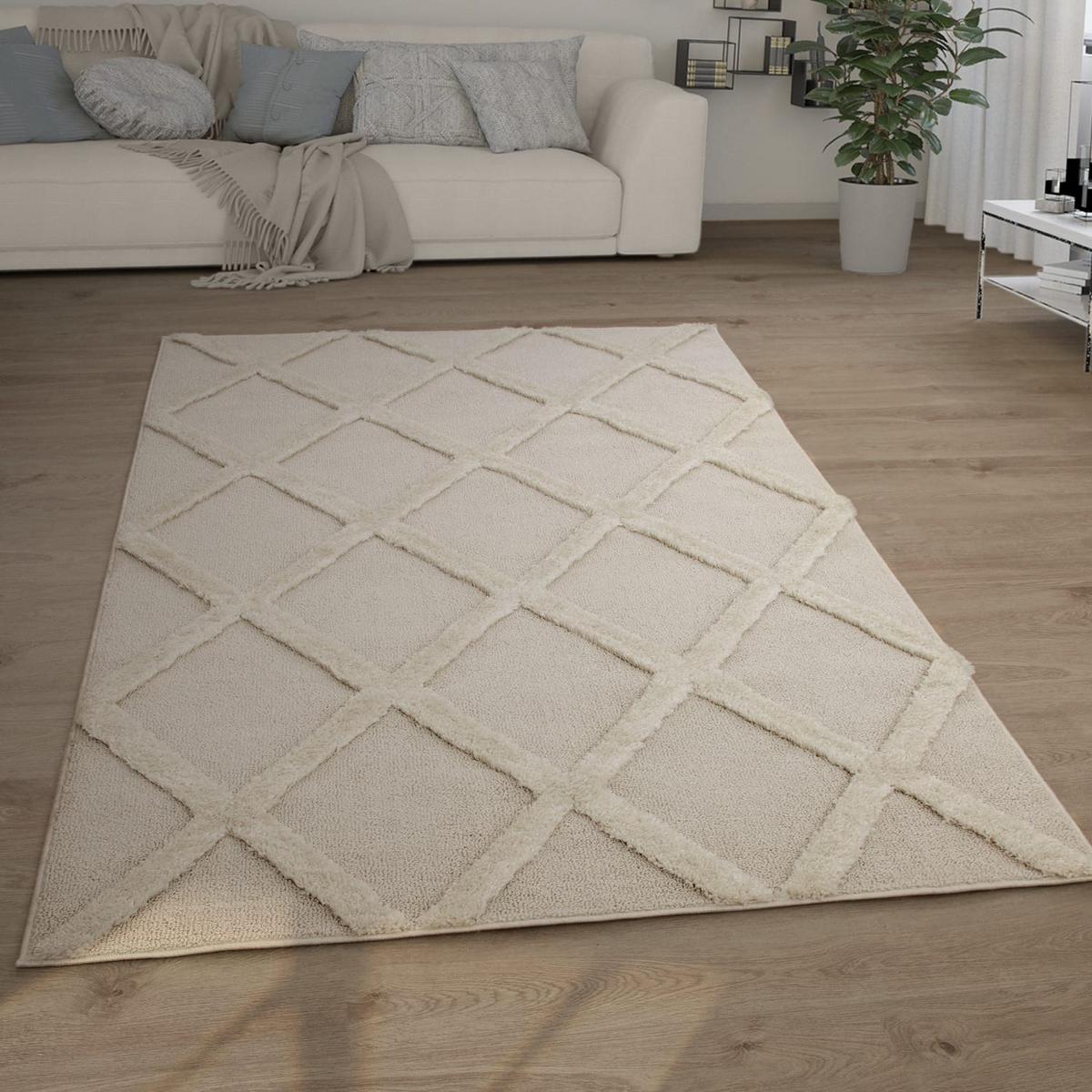 HOCHFLORTEPPICH, mit Rautenmuster, aus Polypropylen, Creme, 80 x 150 cm - Beige, Textil (150/80cm) - KADIMA DESIGN