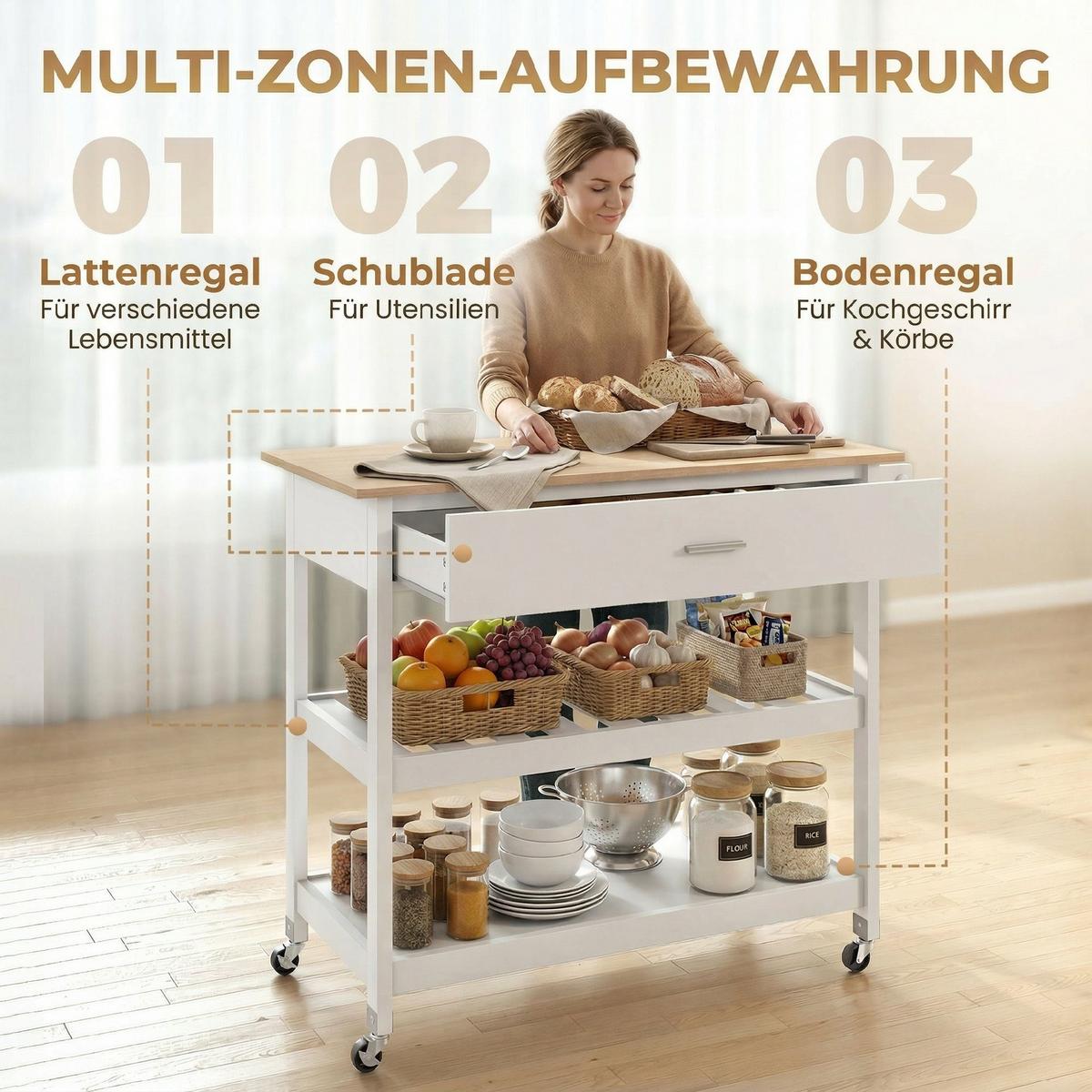 KÜCHENWAGEN MDF Weiß - Weiß, Holzwerkstoff (51/92.5/108.8cm) - HOMCOM