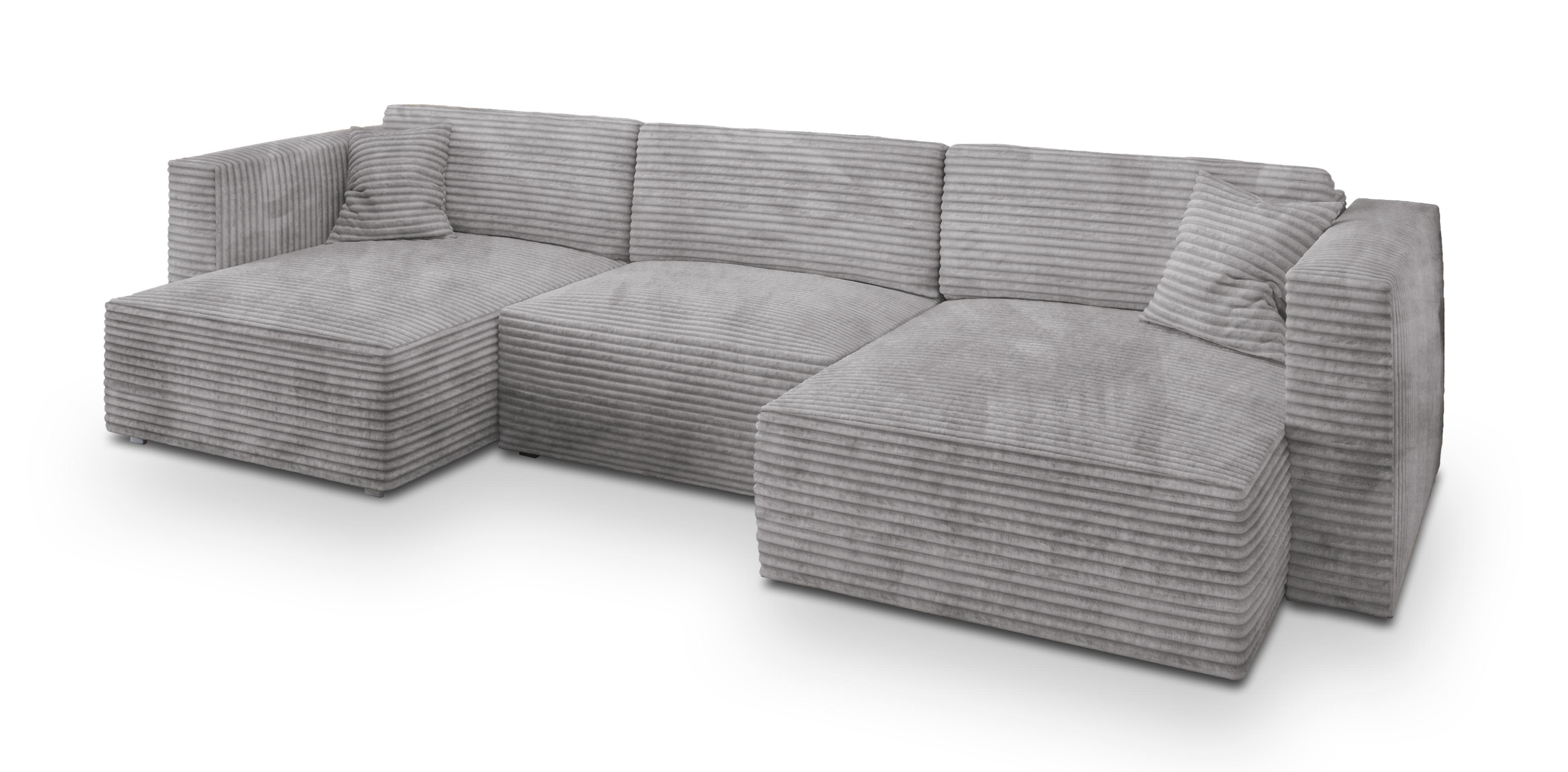 WOHNLANDSCHAFT SARMO Hellgrau Kordstoff mit Schlaffunktion - Hellgrau/Grau, Holz/Kunststoff (347/90/148cm) - MASSENO