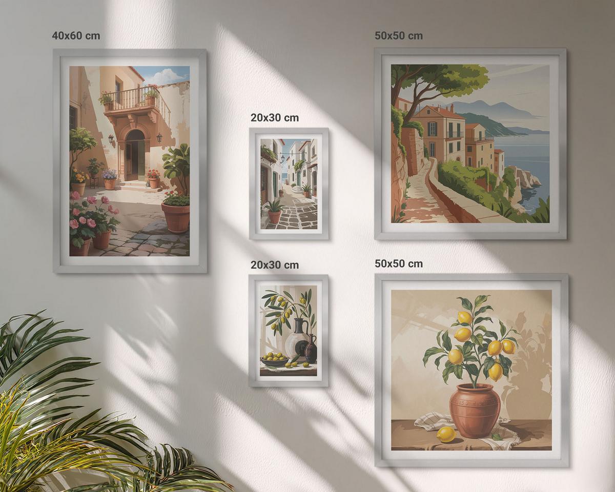 BILDER SET 5er Set - 50x50 cm & 20x30 cm & 40x60 cm Silberner Rahmen - Zitronenblumen im Topf, Straßen - Silberfarben, Kunststoff (40/60cm) - TULUP