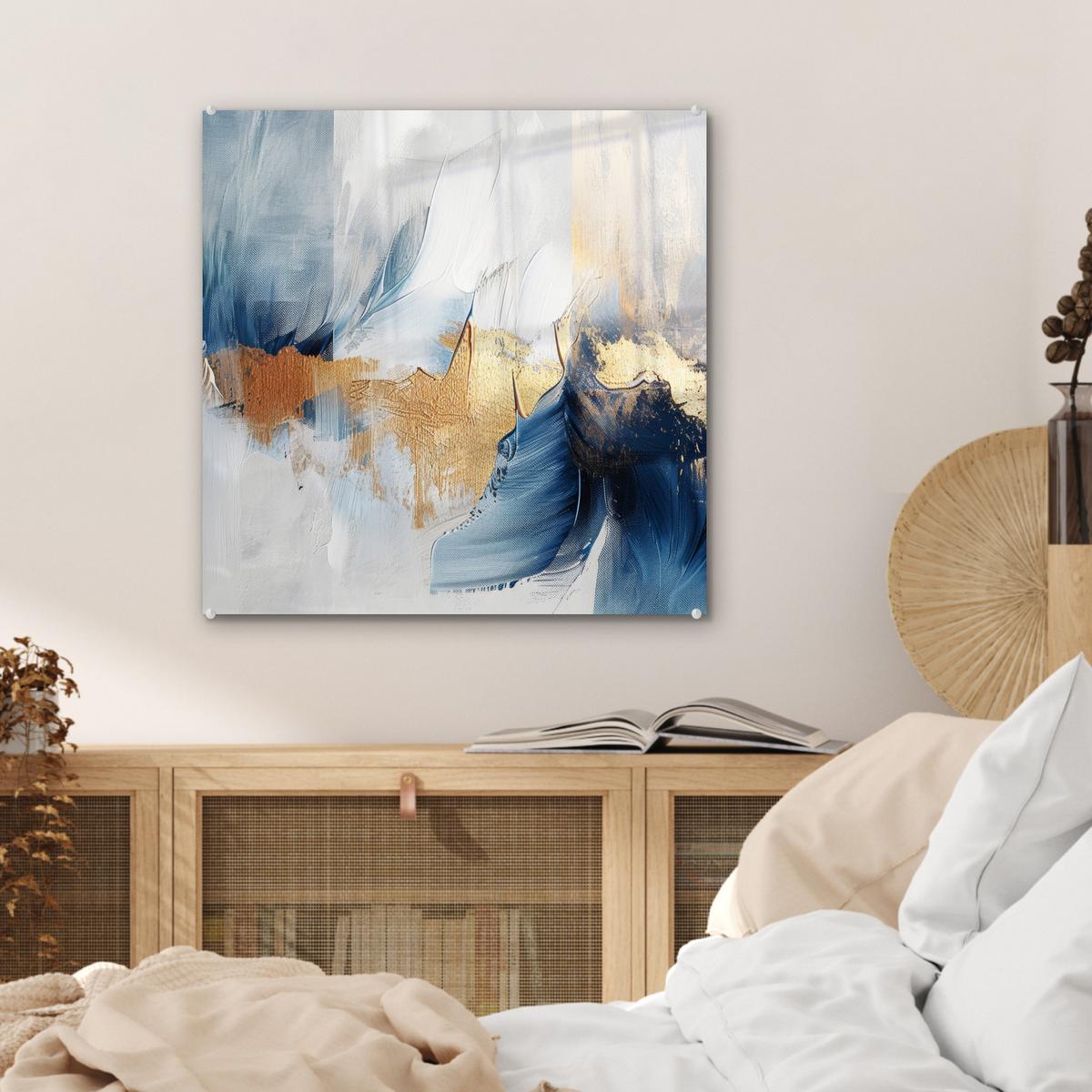 ACRYLGLASBILD Gold - Blau - Aquarell - Kunst - Modern 50x50 cm - Hellblau, Glas (50/50cm) - MuchoWow