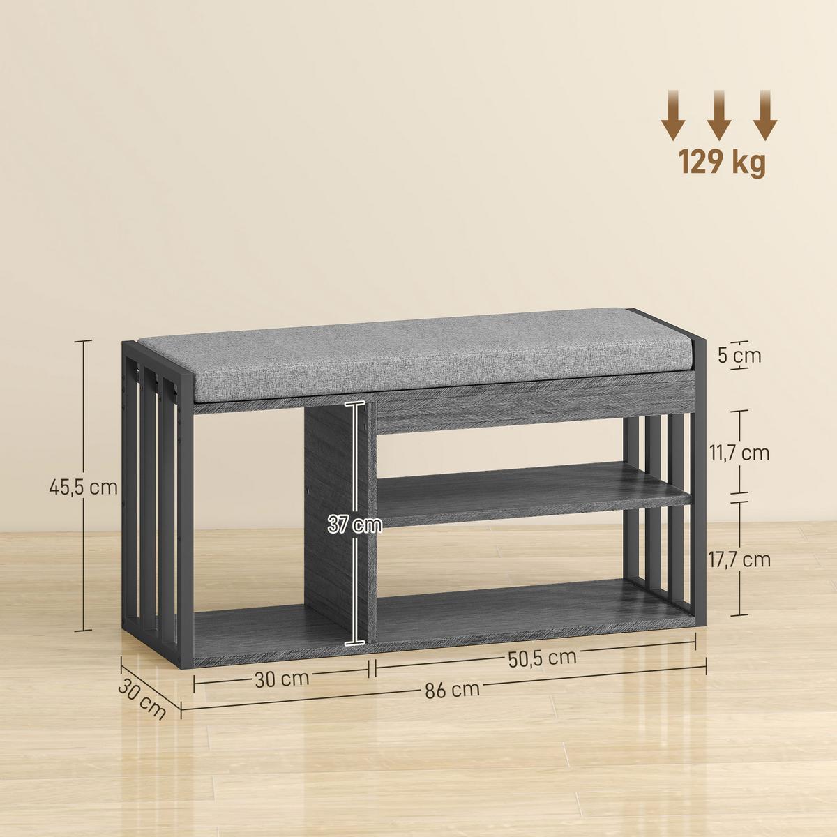 SCHUHBANK Schuhregal mit Sitzfläche gepolstert Sitzbank mit Stauraum, 3 Fächer - Grau, Holzwerkstoff/Textil (30/45.4/86cm) - HOMCOM
