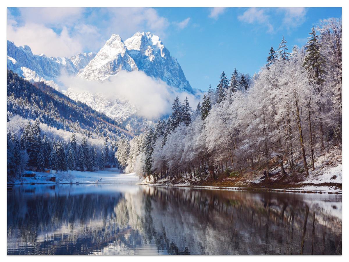 FOTOTAPETE für Wohnzimmer Winterberglandschaft See Nadelwald Schnee 150x105 - Blau/Braun, Papier (150/105cm) - Muralo