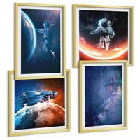 BILDER SET 4er Set - 50x50 cm & 40x60 cm Goldrahmen - Weltraum-Astronauten-Sterne - Goldfarben, Kunststoff (50/50cm) - TULUP