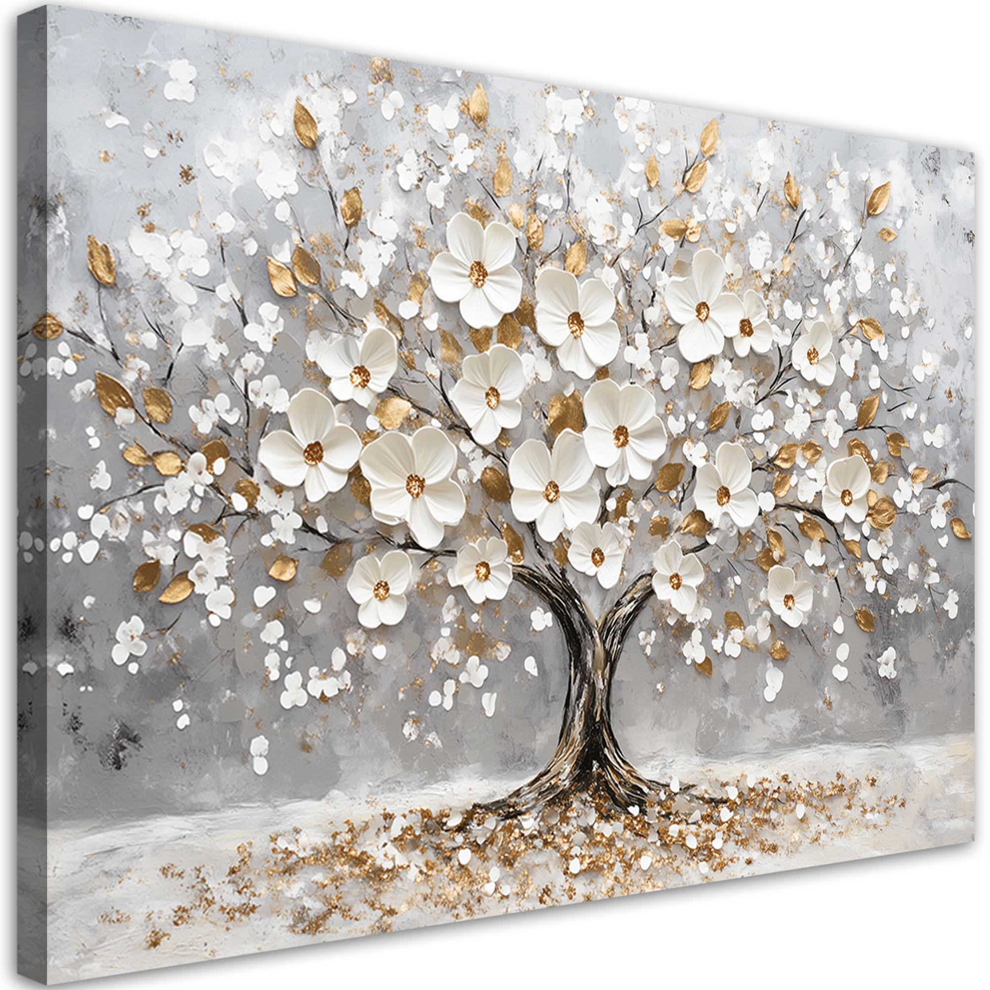 WANDBILD baum weiße blumen goldene blätter - Weiß, Textil (60/40cm) - Feeby