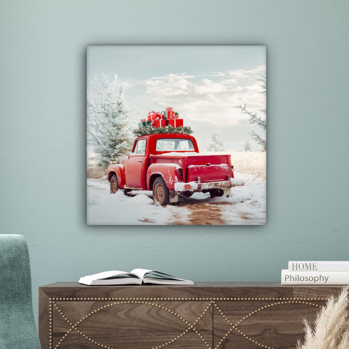 LEINWANDBILD Auto - Rot - Geschenke - Winter - Schnee - Weihnachten Wandbild Wohnzimmer 50x50 cm - Rot, Textil (50/50cm) - MuchoWow