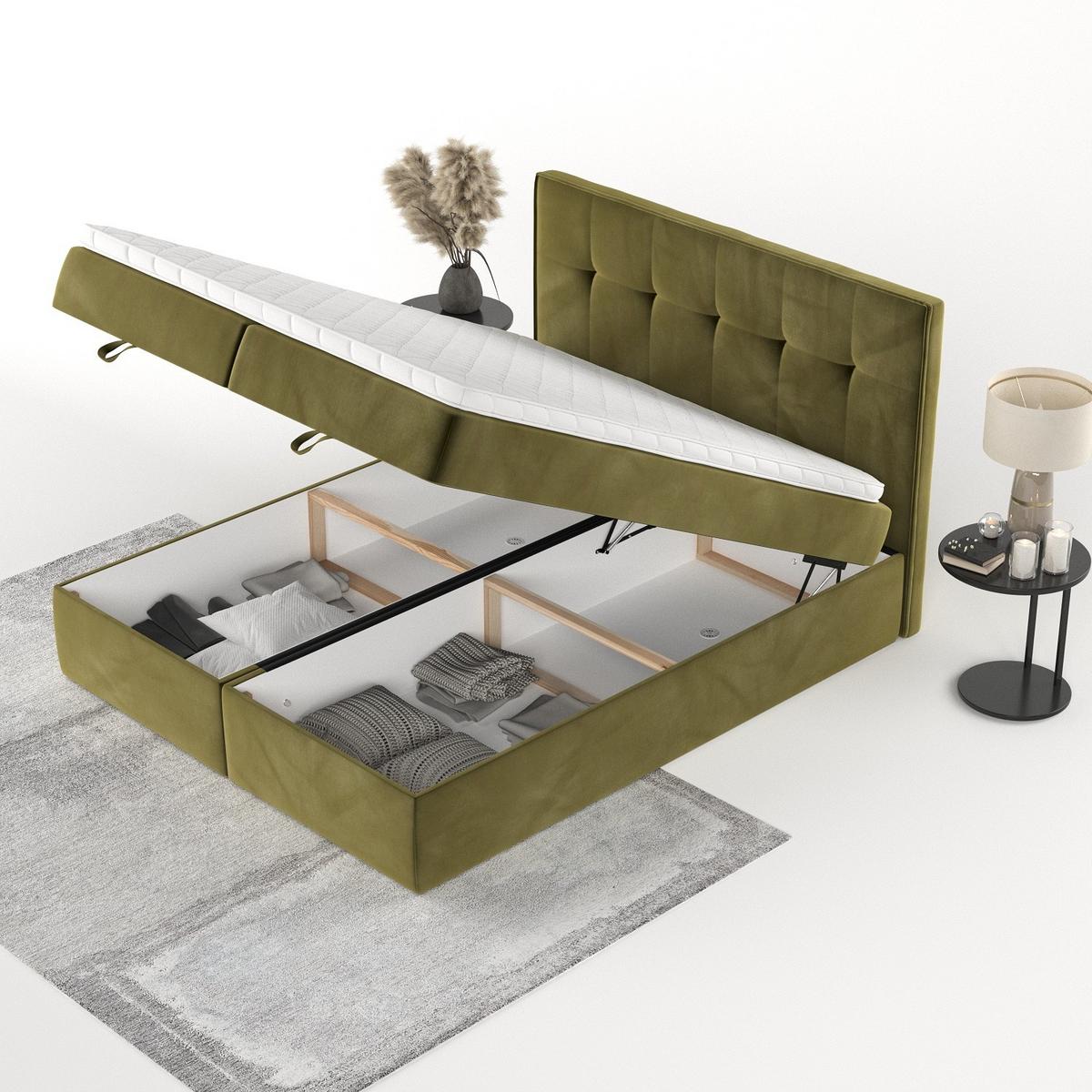 BOXBETT Tivra 160/200 cm Olivgrün im Kronos Stoff - Schwarz/Olivgrün, Holz/Holzwerkstoff (160/200cm) - AltaBeds