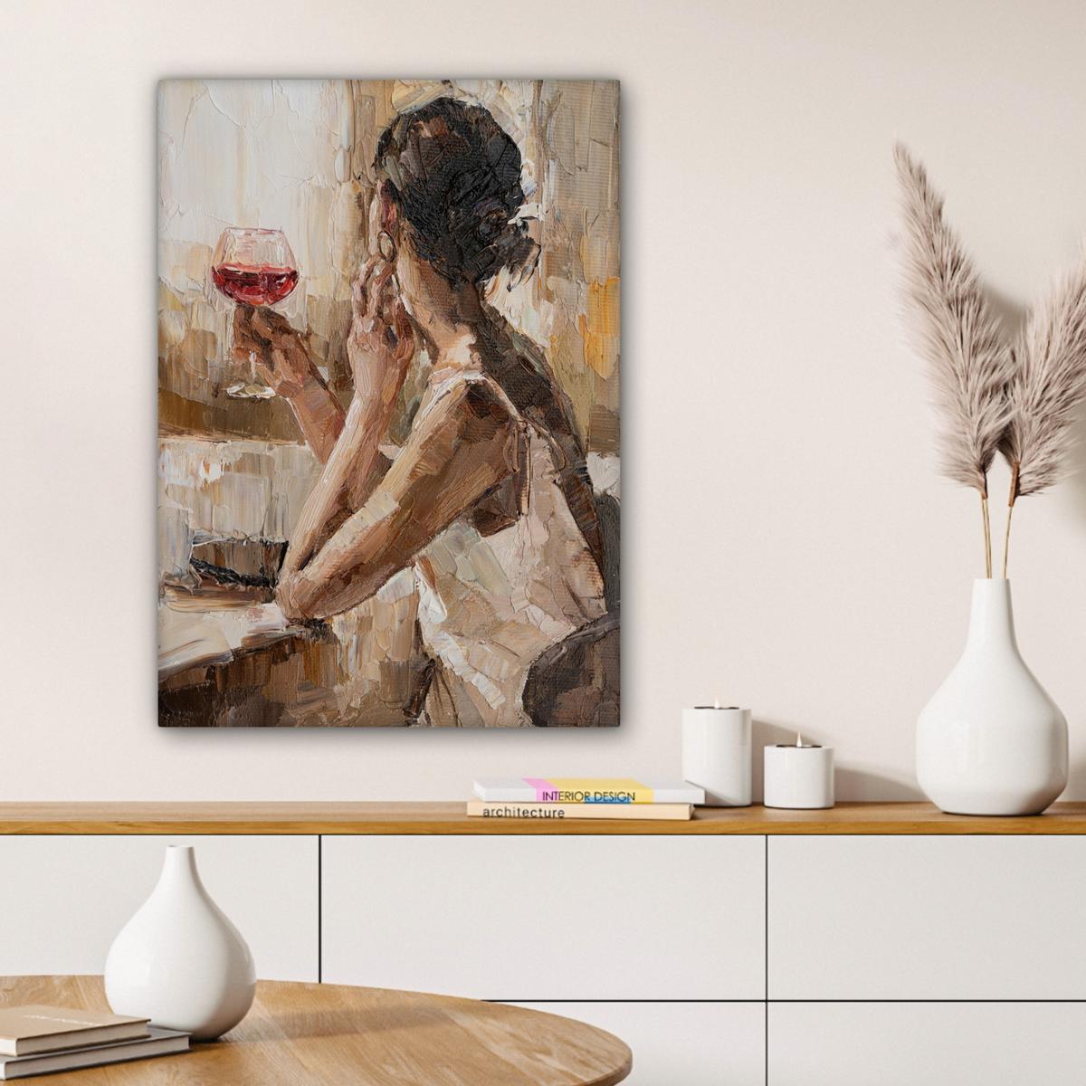 LEINWANDBILD Ölgemälde - Frau - Wein Wandbild Wohnzimmer 60x80 cm - Hellbraun, Textil (60/80cm) - MuchoWow