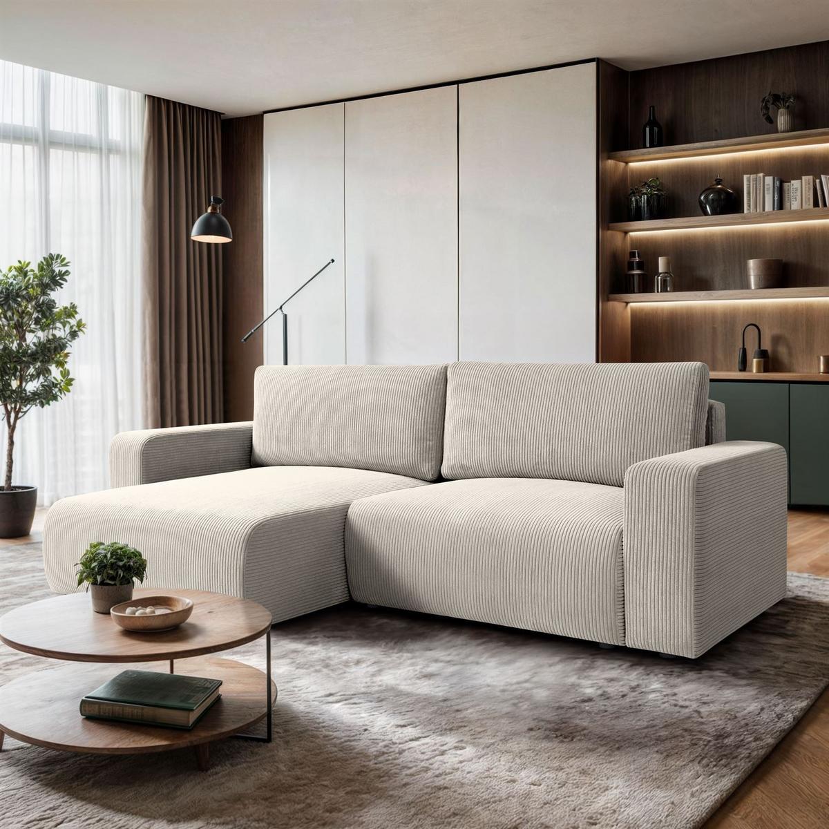 ECKSOFA OPERA L-Form mit Schlaffunktion und Bettkasten, Poso 100 - Ecru, Textil (247/143cm) - Lookway