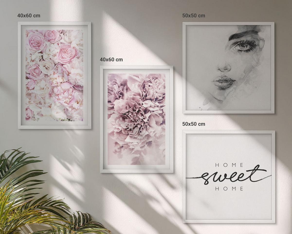 BILDER SET 4er Set - 50x50 cm & 40x60 cm Weißer Rahmen - Pfingstrosenporträt einer Frau zu Hause - Weiß, Kunststoff (50/50cm) - TULUP